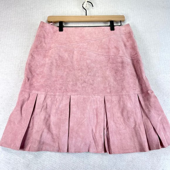 ANTHROPOLOGIE CLOTHES BY RAVEN Womens 10 Pink Suede Leather Kick Pleated Skirt - Picture 1 of 13